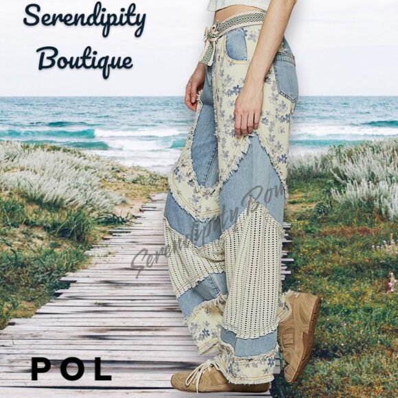 POL Floral Patchwork Frayed Edge Super Baggy Wide Flare Leg Cotton Denim Jeans - Picture 1 of 11